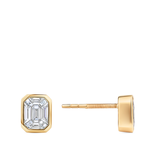 Multi-set Emerald Shape Diamond Stud Earrings in made 18ct Yellow Gold in a Bezel Setting Hardy Brothers Jewellers