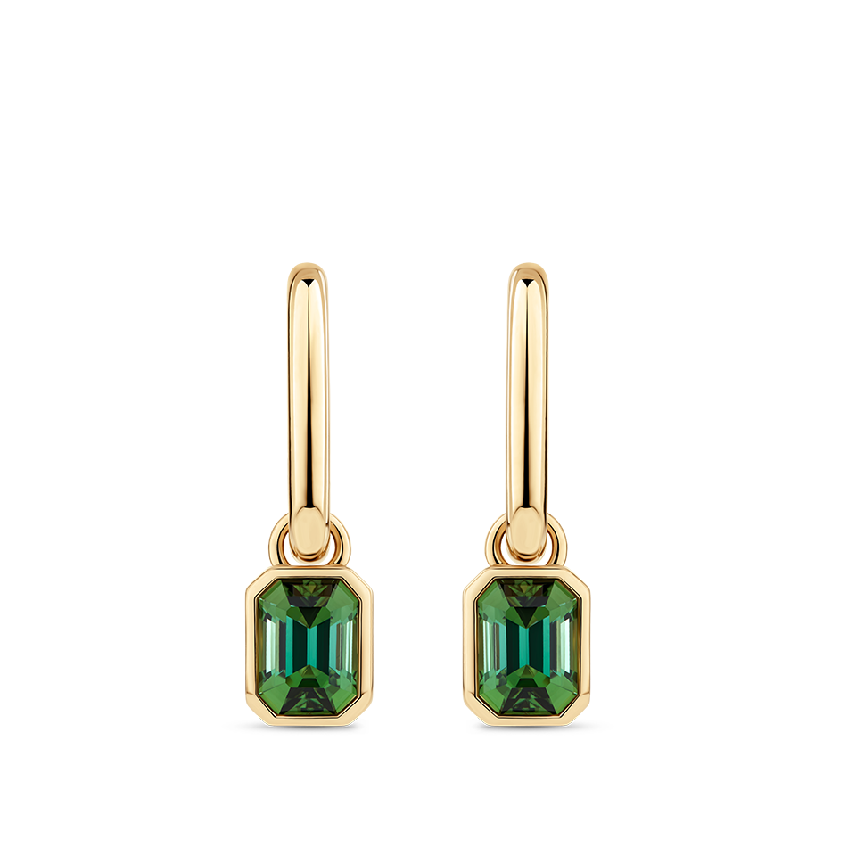Emerald Cut Green Tourmaline Drop Earrings made in 18ct Yellow Gold Hardy Brothers Jewellers