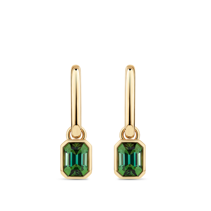 Emerald Cut Green Tourmaline Drop Earrings made in 18ct Yellow Gold Hardy Brothers Jewellers