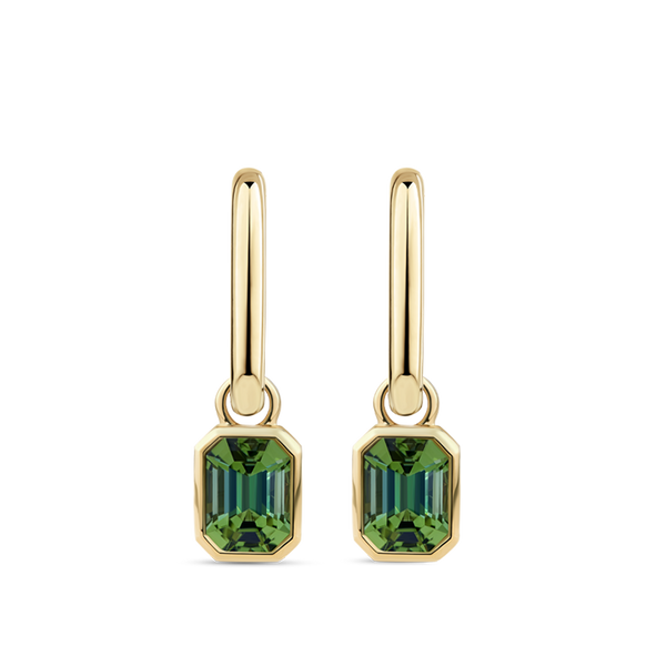 Emerald Cut Green Tourmaline Drop Earrings in 18ct Yellow Gold Hardy Brothers Jewellers 