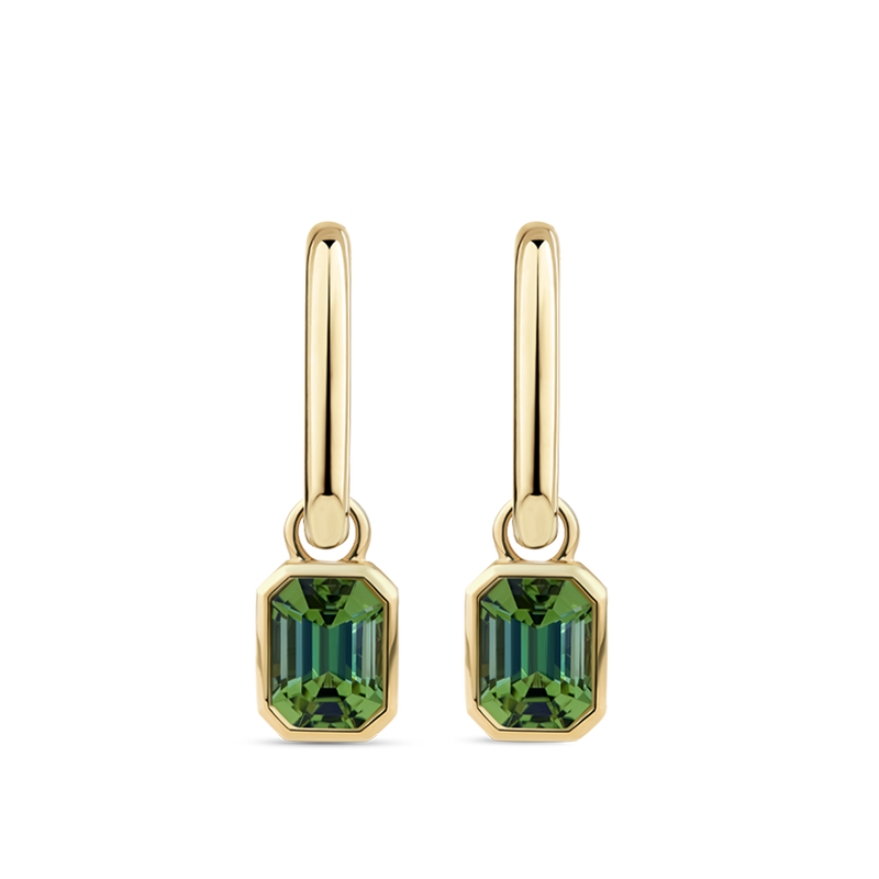 Emerald Cut Green Tourmaline Drop Earrings in 18ct Yellow Gold Hardy Brothers Jewellers 