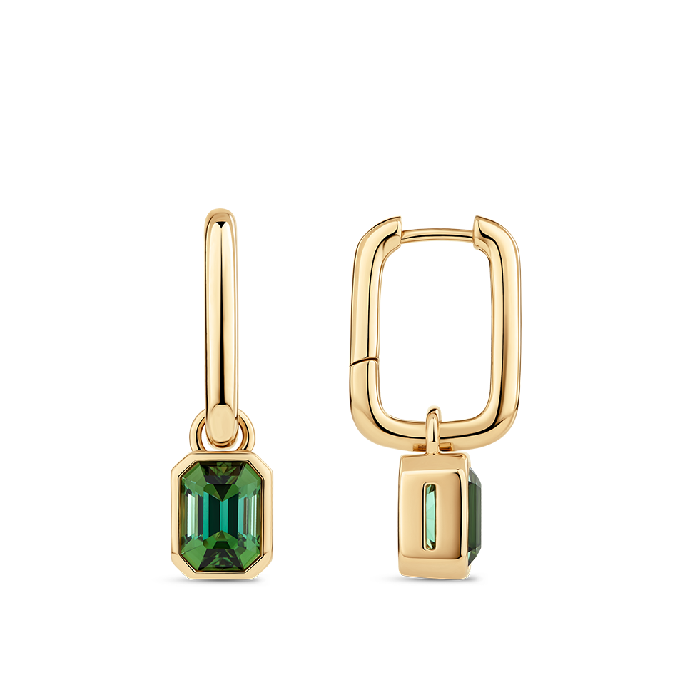 Emerald Cut Green Tourmaline Drop Earrings made in 18ct Yellow Gold Hardy Brothers Jewellers