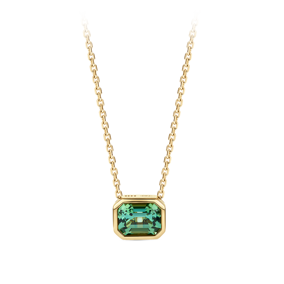 Emerald Cut Green Tourmaline Necklace made in 18ct Yellow Gold in Bezel Setting Hardy Brothers Jewellers