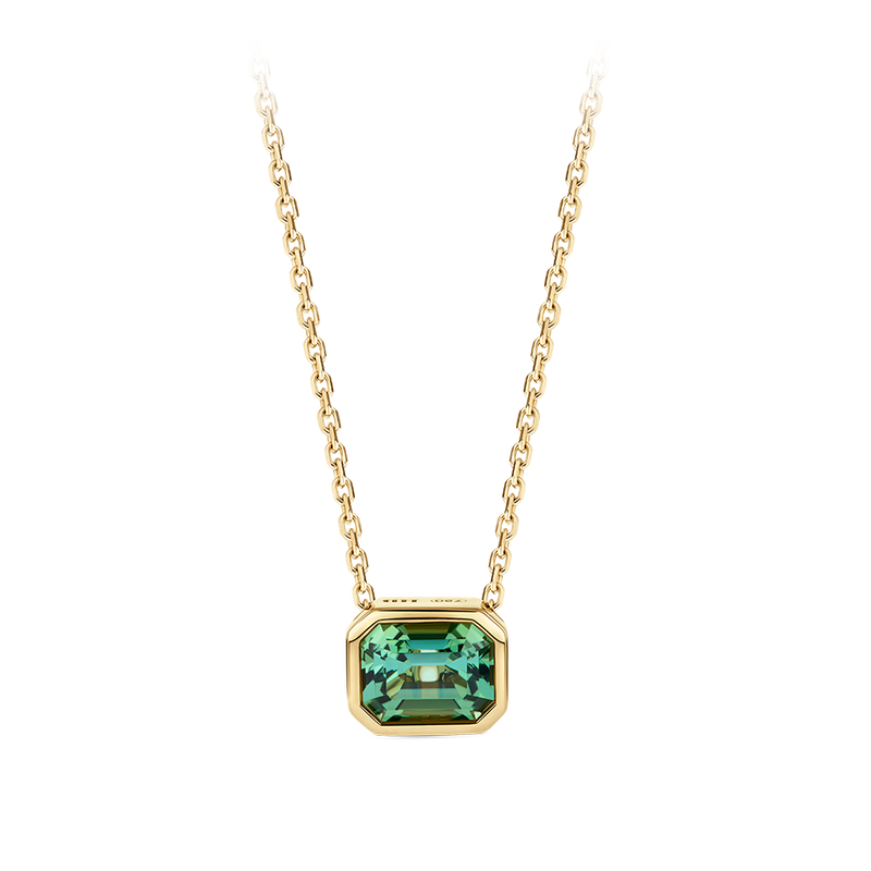 Emerald Cut Green Tourmaline Necklace made in 18ct Yellow Gold in Bezel Setting Hardy Brothers Jewellers