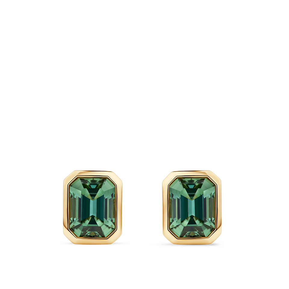 Emerald Cut Green Tourmaline Stud Earrings made in 18ct Yellow Gold with a Bezel Setting Hardy Brothers Jewellers