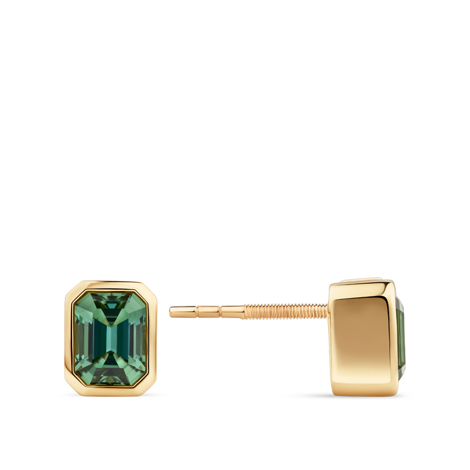 Emerald Cut Green Tourmaline Stud Earrings made in 18ct Yellow Gold with a Bezel Setting Hardy Brothers Jewellers