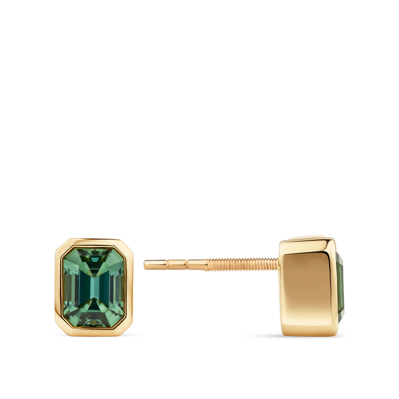 Emerald Cut Green Tourmaline Stud Earrings made in 18ct Yellow Gold with a Bezel Setting Hardy Brothers Jewellers