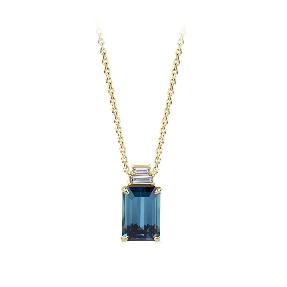 Emerald Cut Indicolite and Diamond Pendant made in 18ct Yellow Gold Hardy Brothers Jewellers