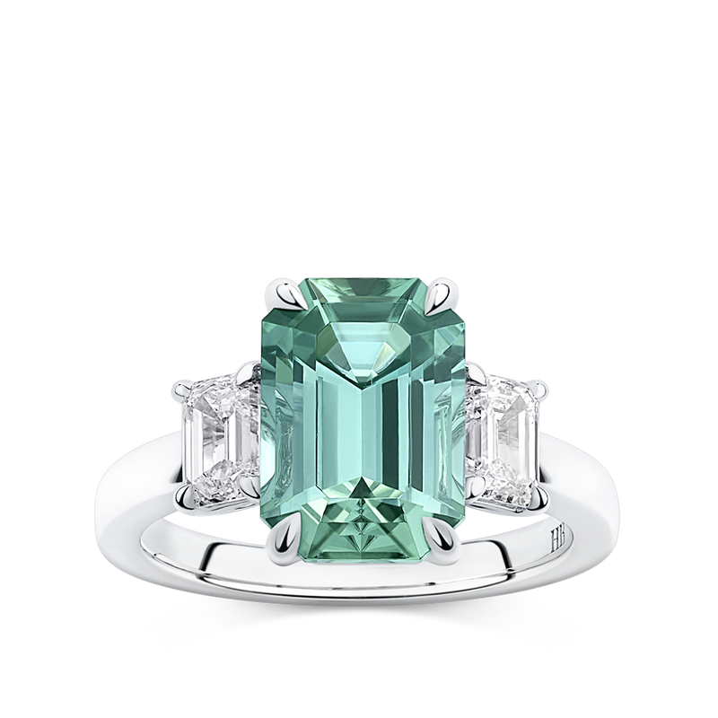 Emerald Cut Mint Tourmaline and Diamond Ring made in 18ct White Gold Hardy Brothers Jewellers