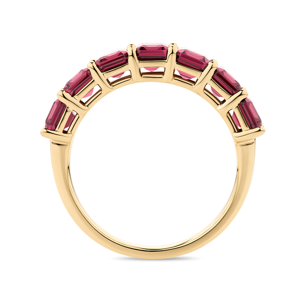 Emerald Cut Rhodalite Garnet Half Eternity Band made in 18ct Yellow Gold Hardy Brothers Jewellers