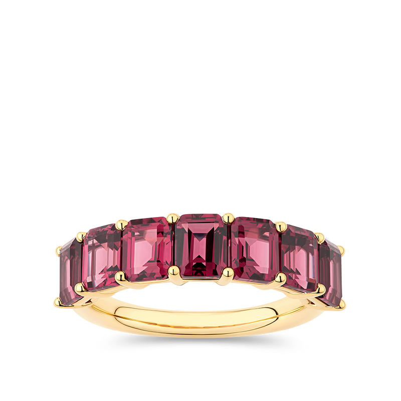 Emerald Cut Rhodalite Garnet Half Eternity Band made in 18ct Yellow Gold Hardy Brothers Jewellers