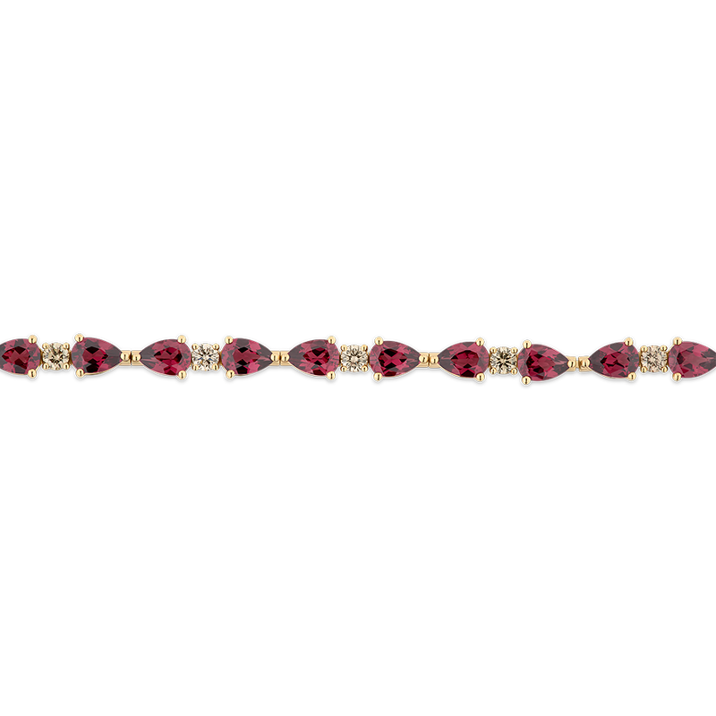 Fancy Cut Champagne Diamond and Rhodalite Garnet Tennis Bracelet in 18ct Yellow Gold Hardy Brothers Jewellers