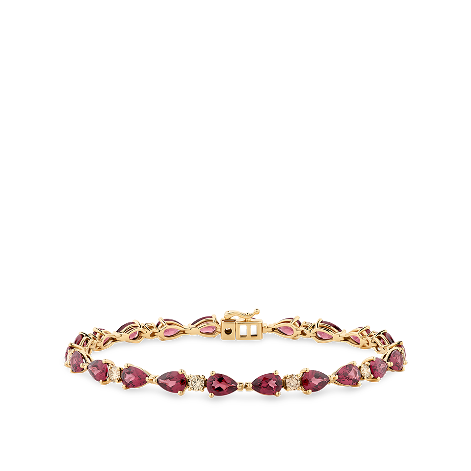 Fancy Cut Champagne Diamond and Rhodalite Garnet Tennis Bracelet in 18ct Yellow Gold Hardy Brothers Jewellers