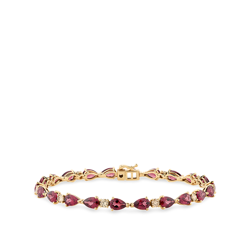 Fancy Cut Champagne Diamond and Rhodalite Garnet Tennis Bracelet in 18ct Yellow Gold Hardy Brothers Jewellers