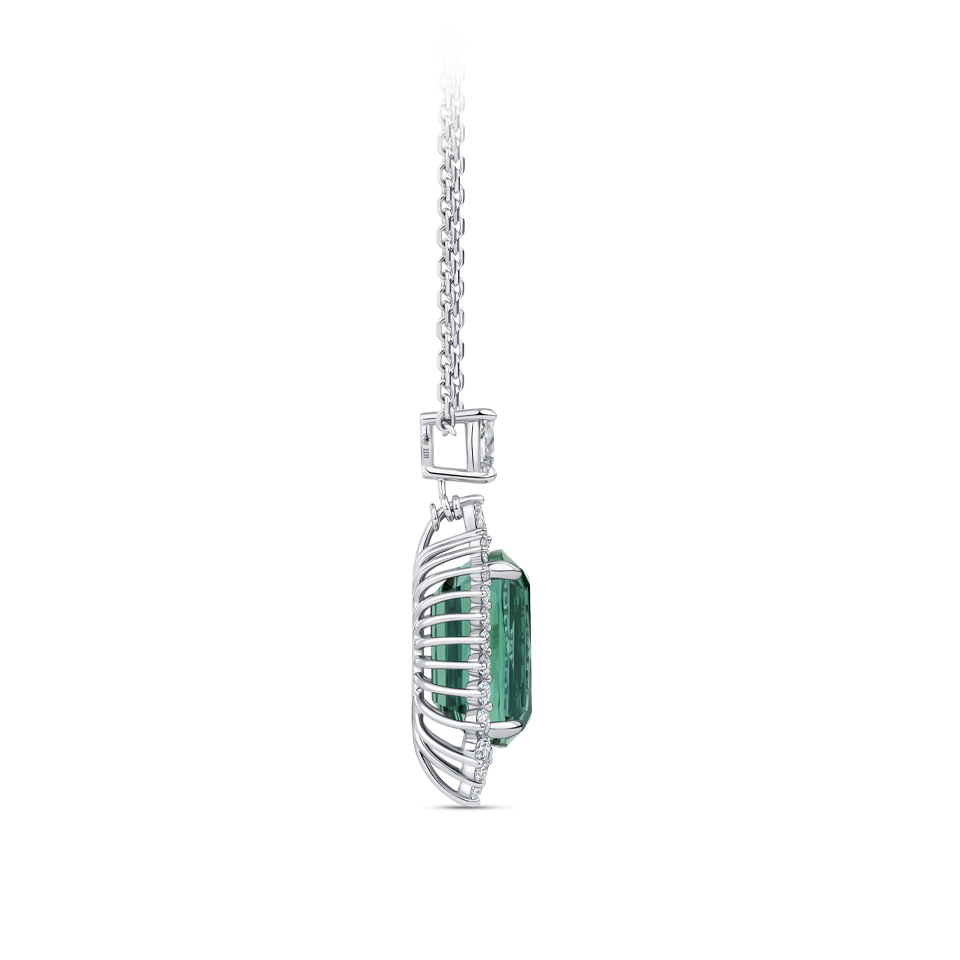Halo Cushion Cut Green Tourmaline and Diamond Pendant made in 18ct White Gold Hardy Brothers Jewellers