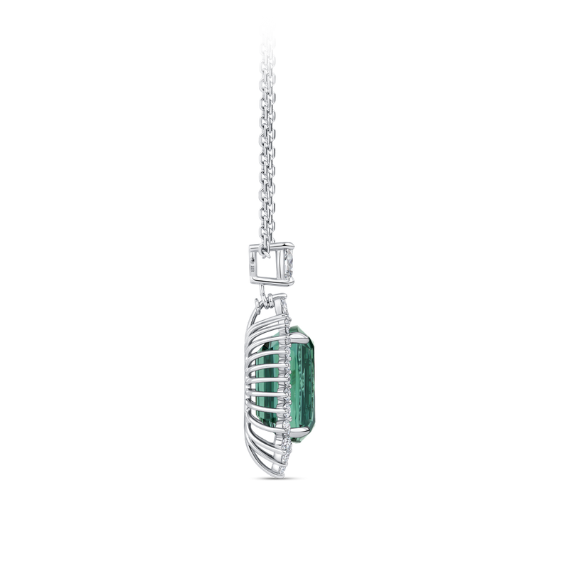 Halo Cushion Cut Green Tourmaline and Diamond Pendant made in 18ct White Gold Hardy Brothers Jewellers