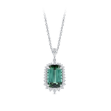 Halo Cushion Cut Green Tourmaline and Diamond Pendant made in 18ct White Gold Hardy Brothers Jewellers