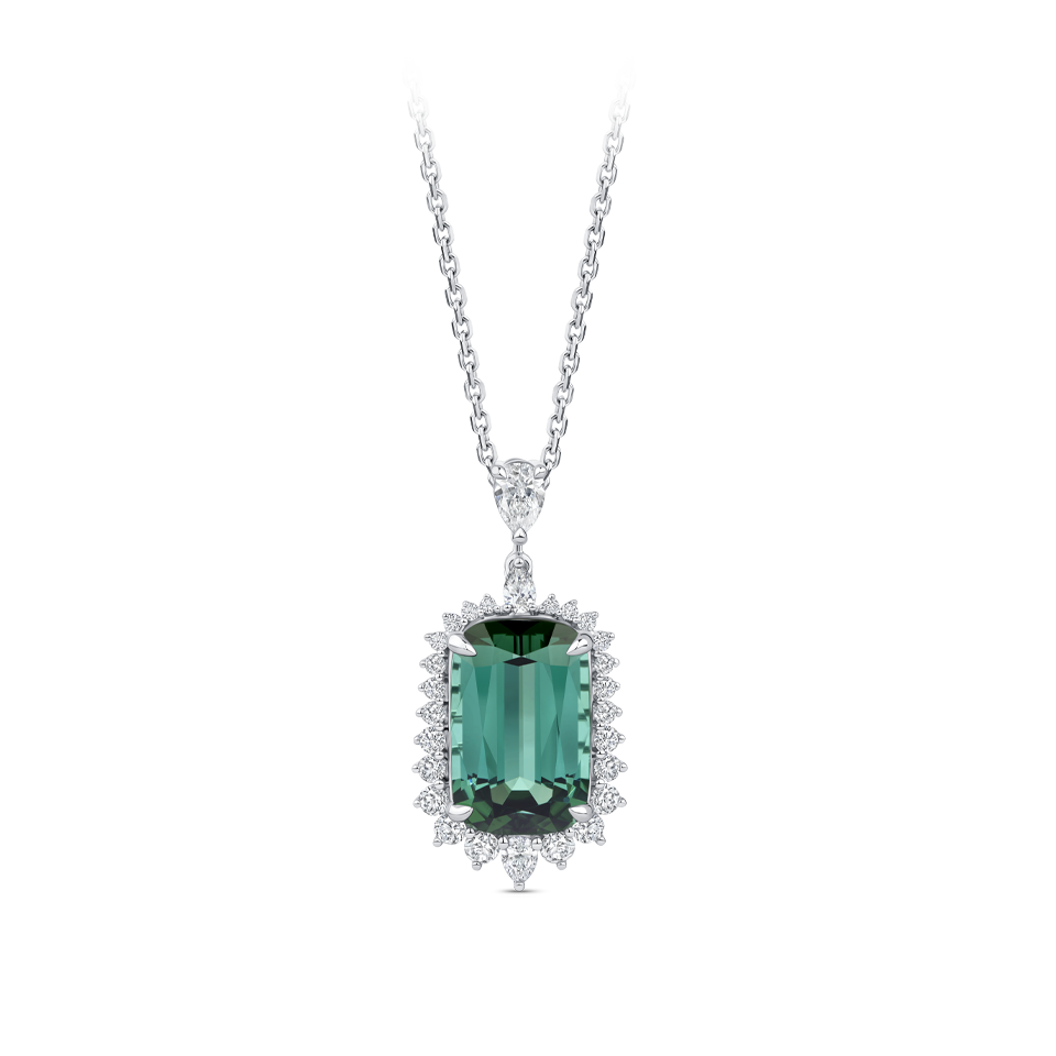 Halo Cushion Cut Green Tourmaline and Diamond Pendant made in 18ct White Gold Hardy Brothers Jewellers