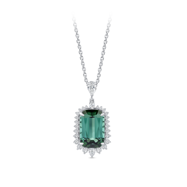 Halo Cushion Cut Green Tourmaline and Diamond Pendant made in 18ct White Gold Hardy Brothers Jewellers