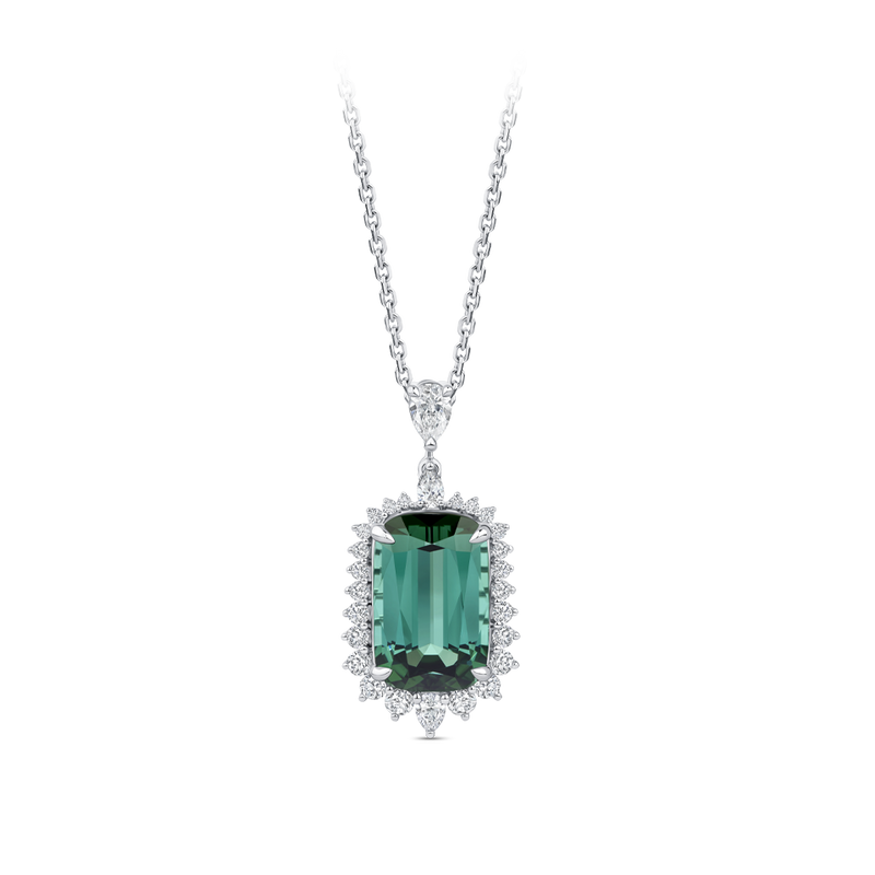 Halo Cushion Cut Green Tourmaline and Diamond Pendant made in 18ct White Gold Hardy Brothers Jewellers