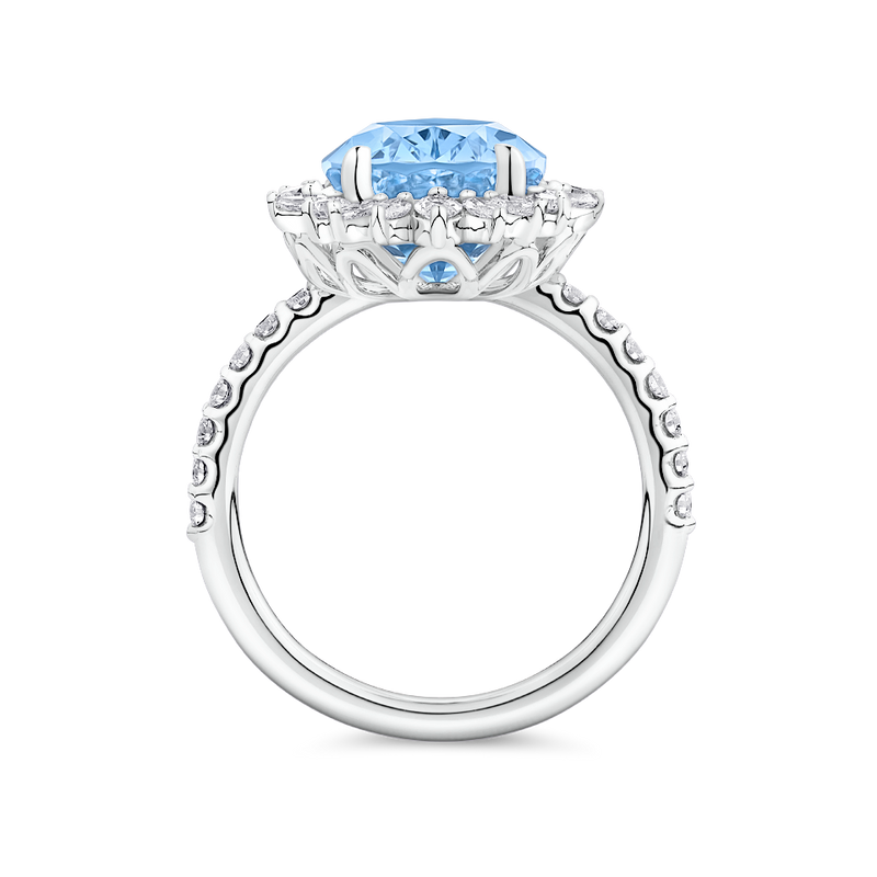 Halo Pear Cut Aquamarine and Diamond Ring made in 18ct White Gold Hardy Brothers Jewellers