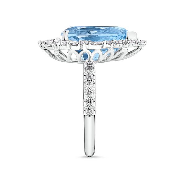 Halo Pear Cut Aquamarine and Diamond Ring made in 18ct White Gold Hardy Brothers Jewellers