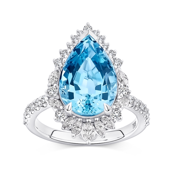 Halo Pear Cut Aquamarine and Diamond Ring made in 18ct White Gold Hardy Brothers Jewellers