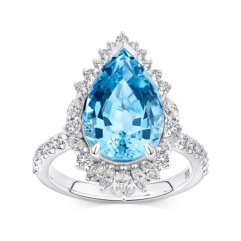 Halo Pear Cut Aquamarine and Diamond Ring made in 18ct White Gold Hardy Brothers Jewellers