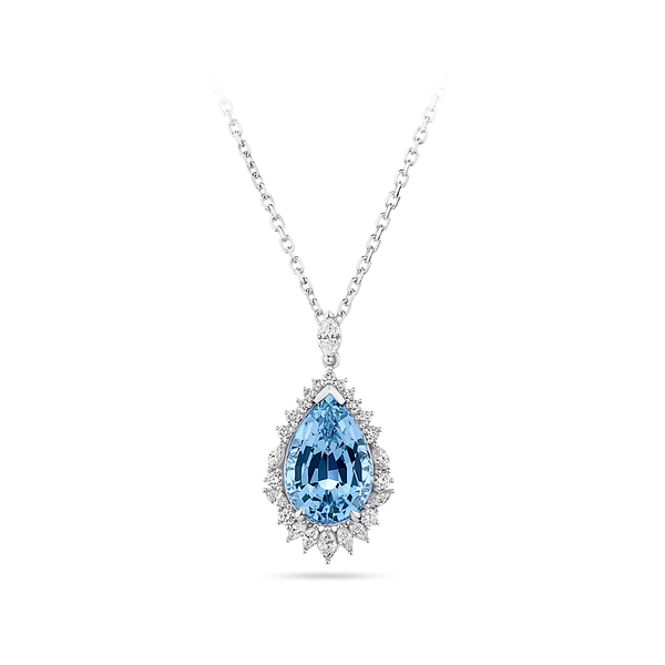 Halo Pear Cut Aquamarine and Diamond Pendant made in 18ct White Gold Hardy Brothers Jewellers