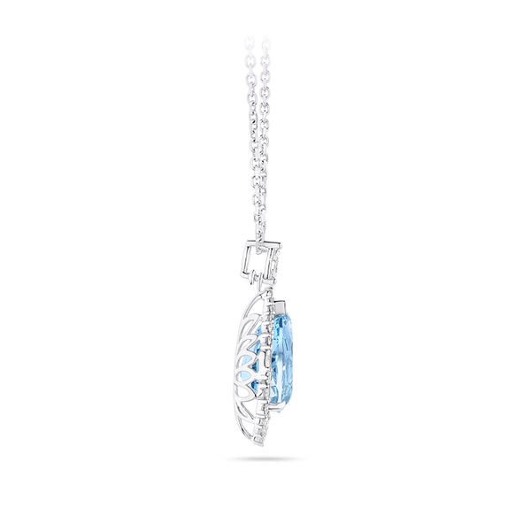 Halo Pear Cut Aquamarine and Diamond Pendant made in 18ct White Gold Hardy Brothers Jewellers