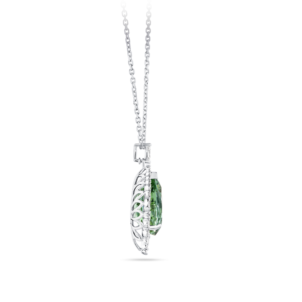 Halo Pear Cut Mint Tourmaline and Diamond Pendant made in 18ct White Gold Hardy Brothers Jewellers