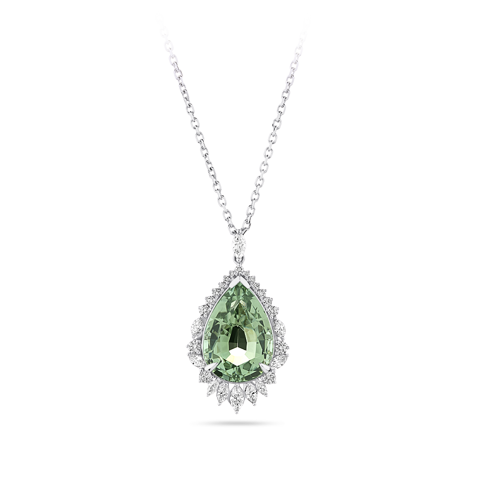 Halo Pear Cut Mint Tourmaline and Diamond Pendant made in 18ct White Gold Hardy Brothers Jewellers