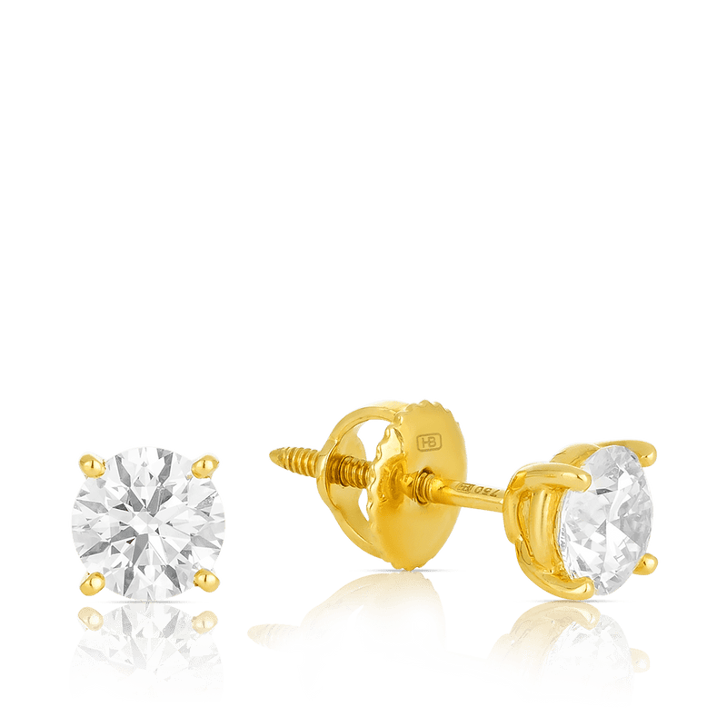 1.00 Carat Round Brilliant Cut Diamond Stud Earrings in 18ct Yellow Gold Hardy Brothers Jewellers