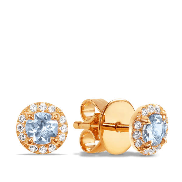 Halo Aquamarine and Diamond Stud Earrings in 18ct Yellow Gold Hardy Brothers 