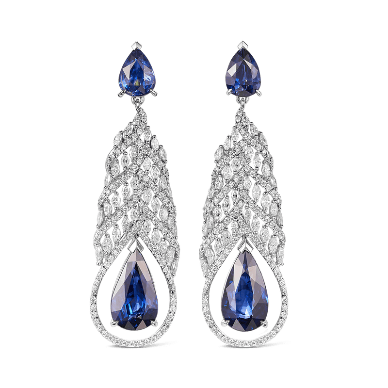 Vault 12.76 Carat Peacock Ceylon Sapphire Earrings in White Gold Hardy Brothers 