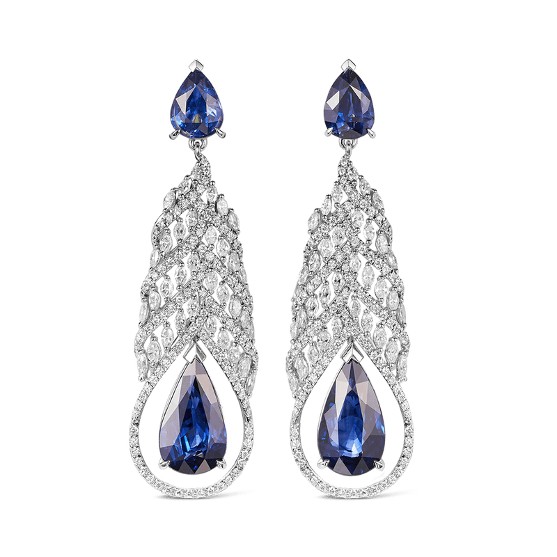 Vault 12.76 Carat Peacock Ceylon Sapphire Earrings in White Gold Hardy Brothers 