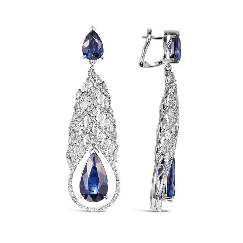 Vault 12.76 Carat Peacock Ceylon Sapphire Earrings in White Gold Hardy Brothers 