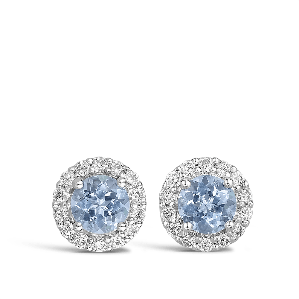 Halo Aquamarine and Diamond Stud Earrings in 18ct White Gold Hardy Brothers 
