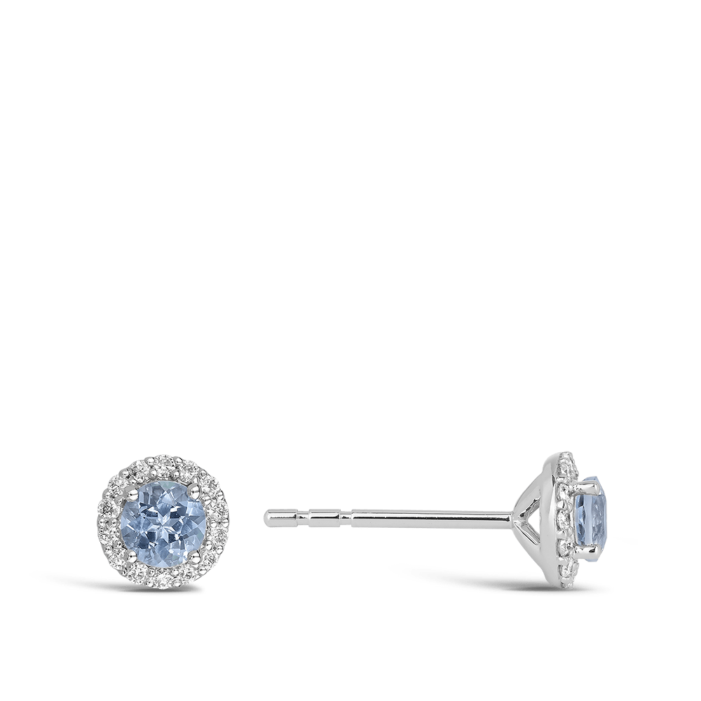 Halo Aquamarine and Diamond Stud Earrings in 18ct White Gold Hardy Brothers 