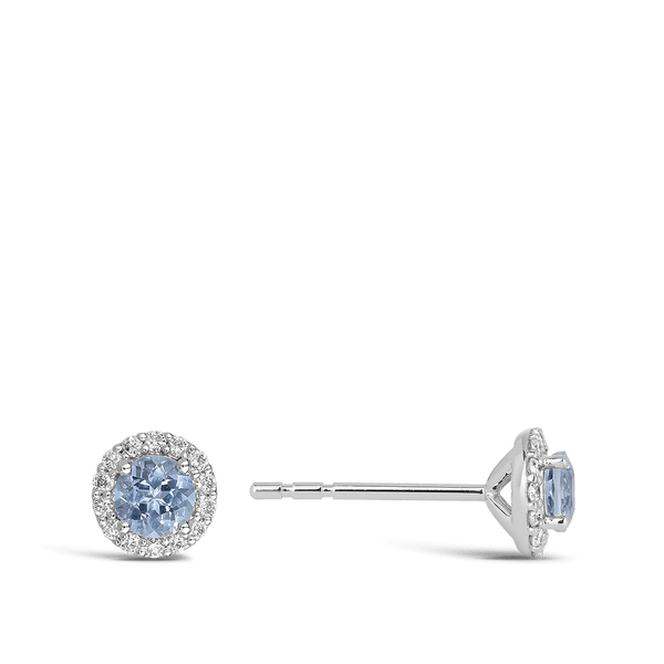 Halo Aquamarine and Diamond Stud Earrings in 18ct White Gold Hardy Brothers 