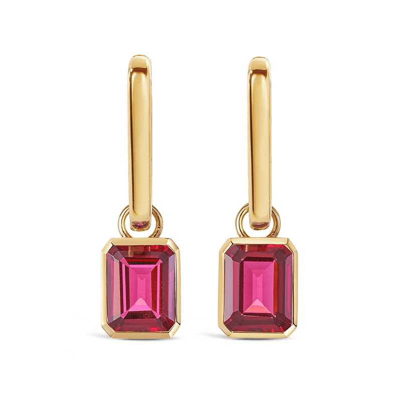 Bezel Set Rhodalite Garnet Drop Earrings in 18ct Yellow Gold Hardy Brothers 