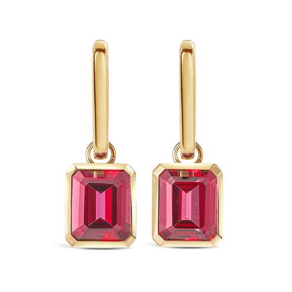 Bezel Set Rhodalite Garnet Drop Earrings in 18ct Yellow Gold Hardy Brothers 