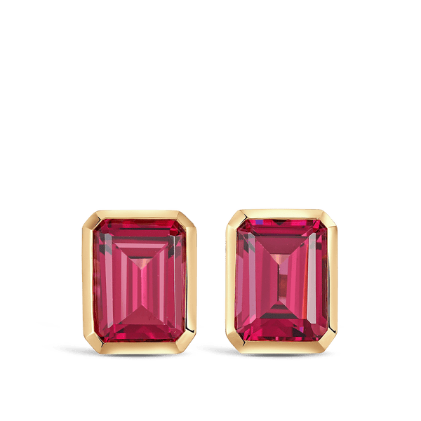 Bezel Set Rhodalite Garnet Stud Earrings in 18ct Yellow Gold Hardy Brothers 