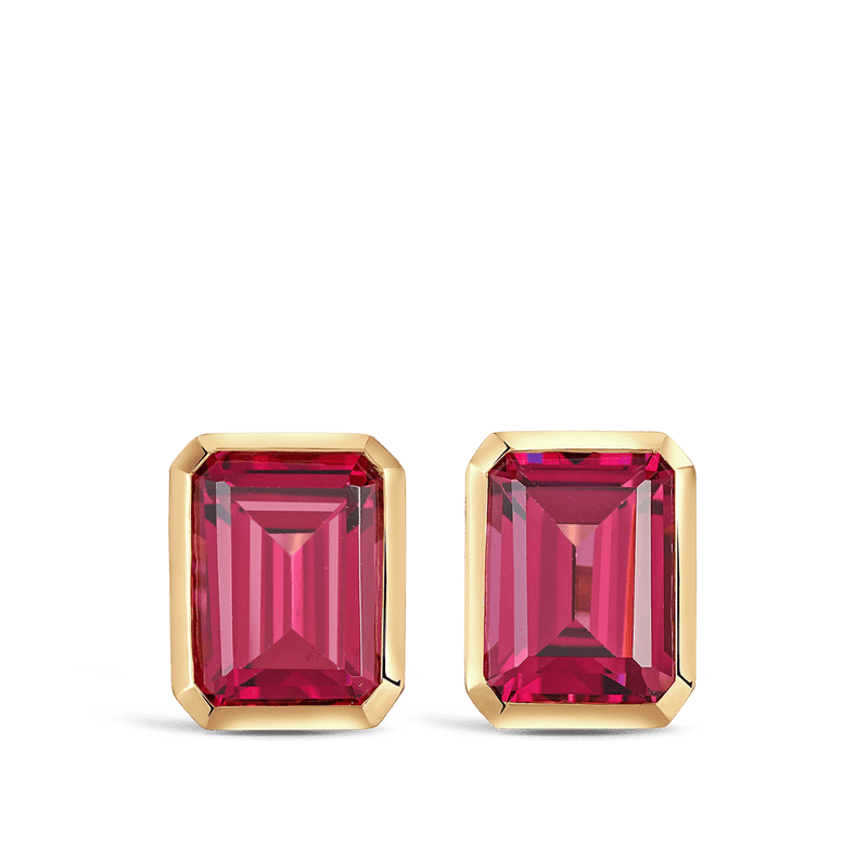 Bezel Set Rhodalite Garnet Stud Earrings in 18ct Yellow Gold Hardy Brothers 