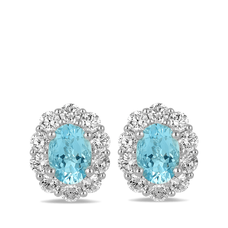 Oval Aquamarine and Diamond Halo Studs Hardy Brothers Jewellers