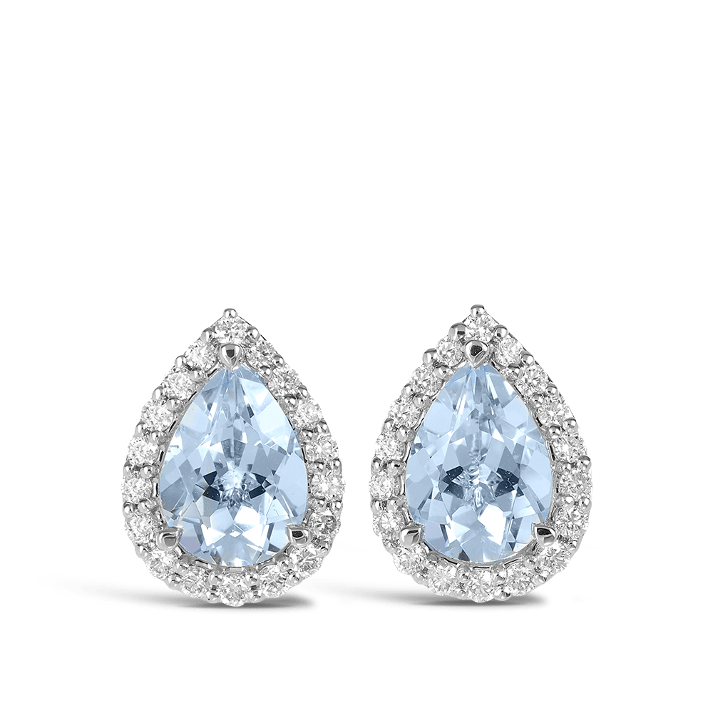Pear Cut Aquamarine and Diamond Halo Studs Hardy Brothers Jewellers