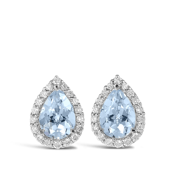 Pear Cut Aquamarine and Diamond Halo Studs Hardy Brothers Jewellers