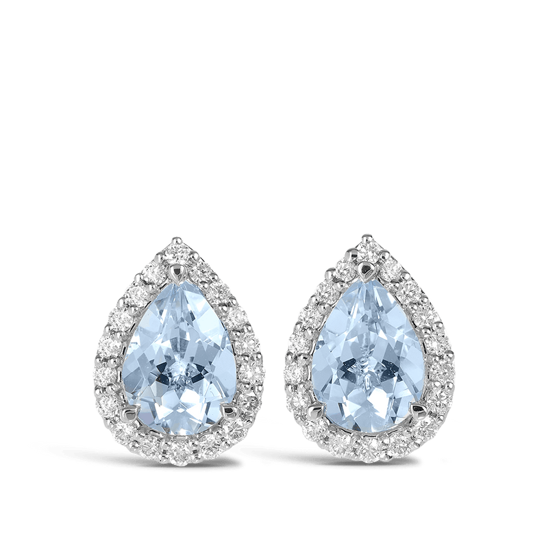 Pear Cut Aquamarine and Diamond Halo Studs Hardy Brothers Jewellers