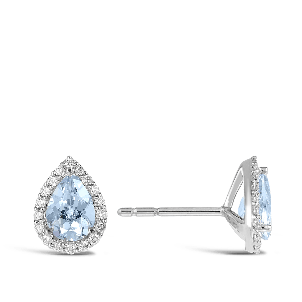 Pear Cut Aquamarine and Diamond Halo Studs Hardy Brothers Jewellers