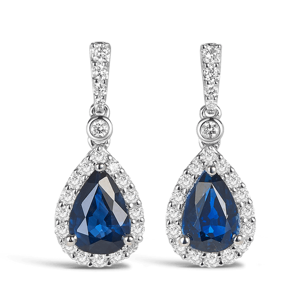 Pear Halo Sapphire and Diamond Earrings in 18ct White Gold Hardy Brothers 